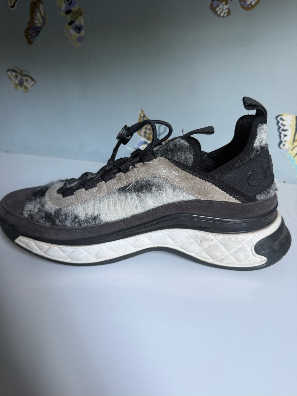 Chanel Black Gray Suede Felted Wool CC Cinch Close Sneakers - Picture 7 of 15